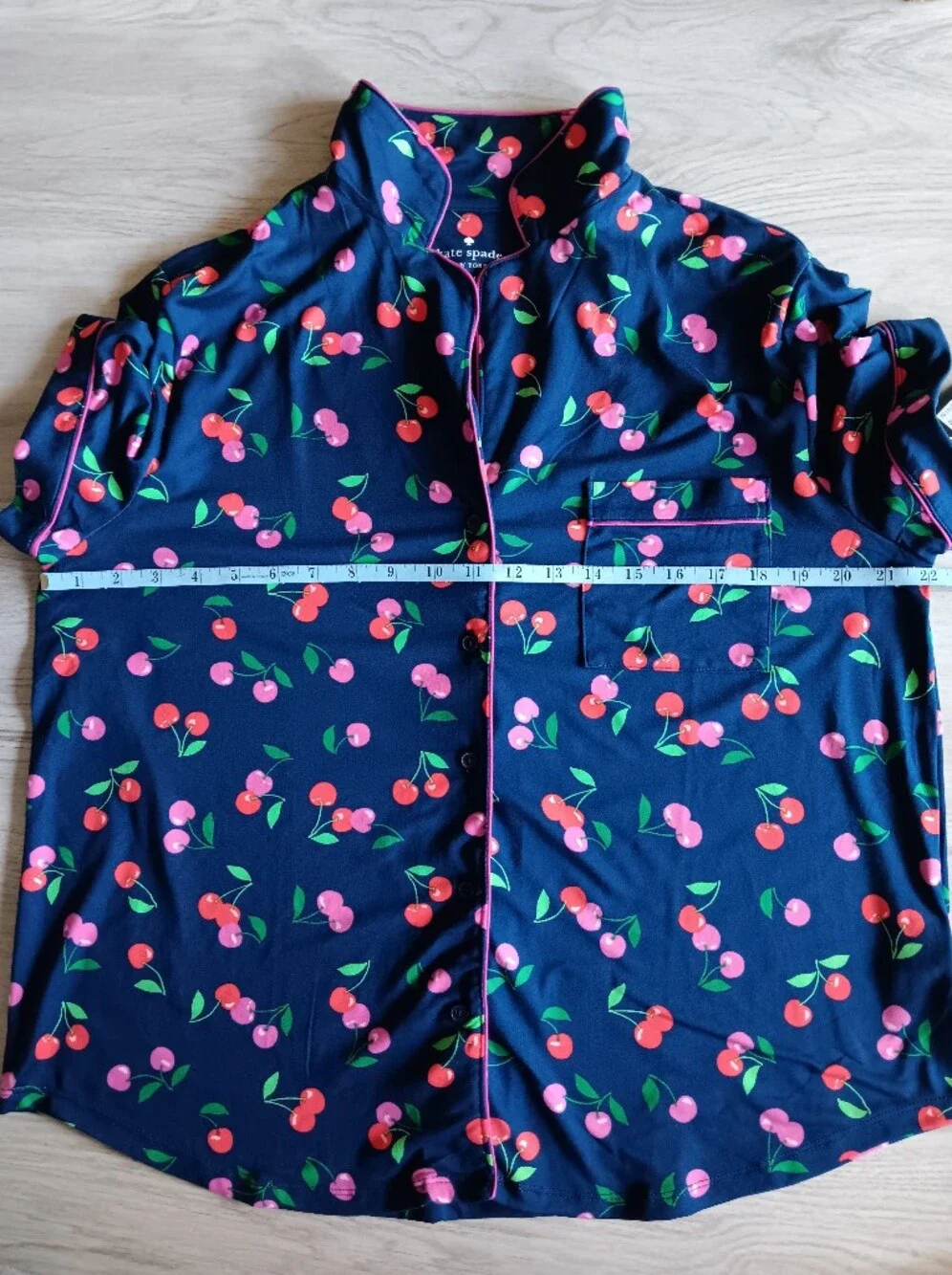 Kate Spade Short Sleeve Pajama Pant Set 2 Pc Red Pink Cherries Indigo Blue XL